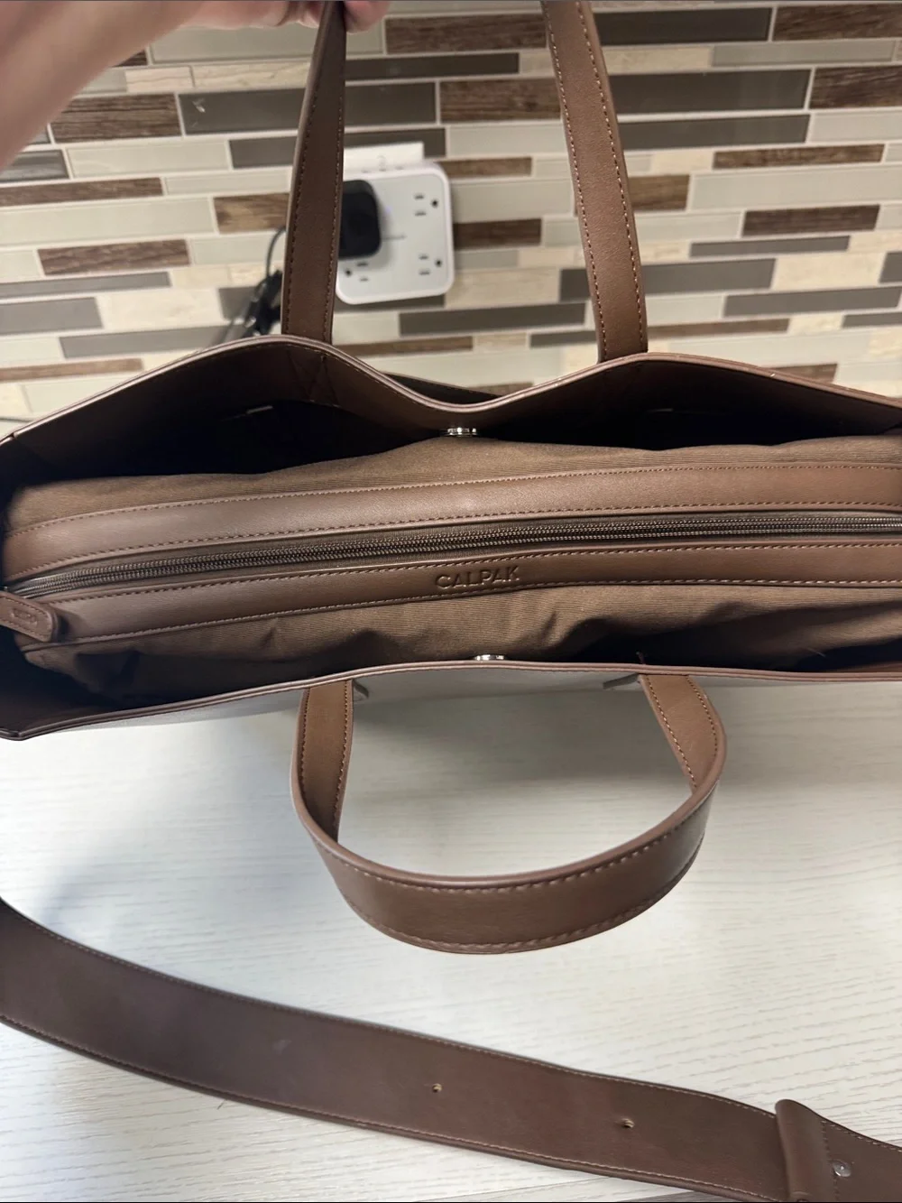Calpak Brown Leather Laptop Tote with Shoulder Strap